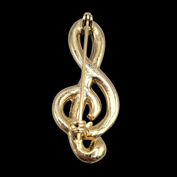 Vintage Treble Clef Brooch Yellow Rhinestones Gold Tone Musical Theme - Picture 2 of 2